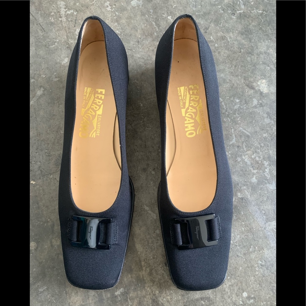 Salvatore Ferragamo black flats canvas buckle 10 2A